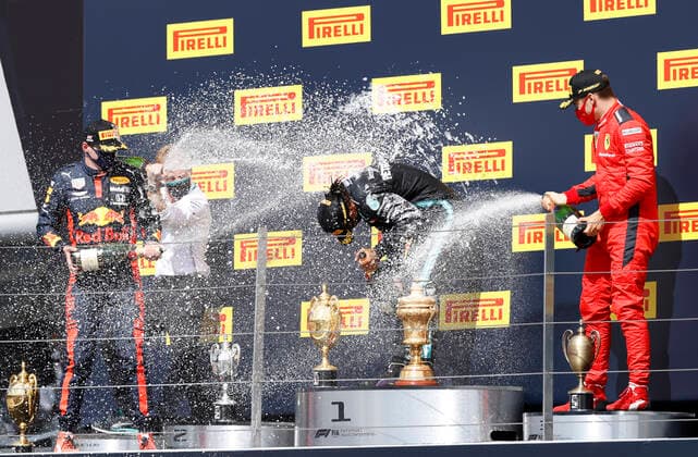 Motorsports: FIA Formula One World Championship, WM, Weltmeisterschaft 2020, Grand Prix of Great Britain Motorsports: FIA Formula One World Championship 2020, Grand Prix of Great Britain, 33 Max Verstappen (NLD, Aston Martin Red Bull Racing), 44 Lewis Hamilton (GBR, Mercedes-AMG Petronas Formula One Team), 16 Charles Leclerc (MCO, Scuderia Ferrari Mission Winnow),