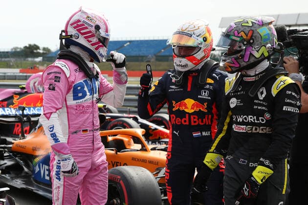 Motorsports: FIA Formula One World Championship, WM, Weltmeisterschaft 2020, Grand Prix of 70th Anniversary Motorsports: FIA Formula One World Championship 2020, Grand Prix of 70th Anniversary, 27 Nico Hulkenberg (GER, BWT Racing Point F1 Team), 33 Max Verstappen (NLD, Aston Martin Red Bull Racing), 3 Daniel Ricciardo (AUS, Renault DP World F1 Team),