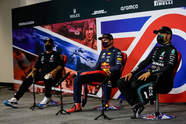 Motorsports: FIA Formula One World Championship, WM, Weltmeisterschaft 2020, Grand Prix of 70th Anniversary Motorsports: FIA Formula One World Championship 2020, Grand Prix of 70th Anniversary, 44 Lewis Hamilton (GBR, Mercedes-AMG Petronas Formula One Team), 33 Max Verstappen (NLD, Aston Martin Red Bull Racing), 77 Valtteri Bottas (FIN, Mercedes-AMG Petronas Formula One Team),