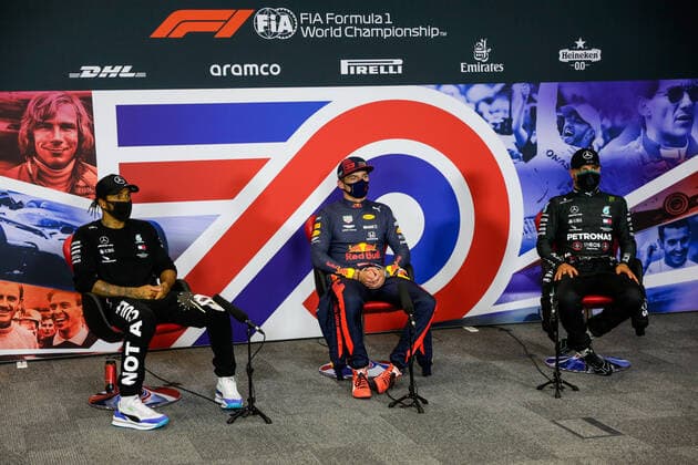 Motorsports: FIA Formula One World Championship, WM, Weltmeisterschaft 2020, Grand Prix of 70th Anniversary Motorsports: FIA Formula One World Championship 2020, Grand Prix of 70th Anniversary, 44 Lewis Hamilton (GBR, Mercedes-AMG Petronas Formula One Team), 33 Max Verstappen (NLD, Aston Martin Red Bull Racing), 77 Valtteri Bottas (FIN, Mercedes-AMG Petronas Formula One Team),