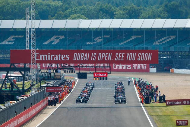 Motorsports: FIA Formula One World Championship, WM, Weltmeisterschaft 2020, Grand Prix of 70th Anniversary, Start, 77 Valtteri Bottas (FIN, Mercedes-AMG Petronas Formula One Team), 44 Lewis Hamilton (GBR, Mercedes-AMG Petronas Formula One Team), 33 Max Verstappen (NLD, Aston Martin Red Bull Racing), 27 Nico Hulkenberg (GER, BWT Racing Point F1 Team), 3 Daniel Ricciardo (AUS, Renault DP World F1 Team), 18 Lance Stroll (CAN, BWT Racing Point F1 Team), Silverstone Great Britain