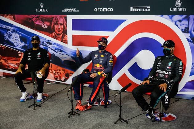 Motorsports: FIA Formula One World Championship, WM, Weltmeisterschaft 2020, Grand Prix of 70th Anniversary Motorsports: FIA Formula One World Championship 2020, Grand Prix of 70th Anniversary, 44 Lewis Hamilton (GBR, Mercedes-AMG Petronas Formula One Team), 33 Max Verstappen (NLD, Aston Martin Red Bull Racing), 77 Valtteri Bottas (FIN, Mercedes-AMG Petronas Formula One Team),