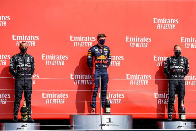 Motorsports: FIA Formula One World Championship, WM, Weltmeisterschaft 2020, Grand Prix of 70th Anniversary, 44 Lewis Hamilton (GBR, Mercedes-AMG Petronas Formula One Team), 33 Max Verstappen (NLD, Aston Martin Red Bull Racing), 77 Valtteri Bottas (FIN, Mercedes-AMG Petronas Formula One Team), Silverstone Great Britain