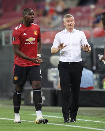 Fussball: EL, Europa League, Saison 19 20, Viertelfinale , 10.08.2020 Manchester United, ManU -FC Kopenhagen United Paul Pogba , United Trainer Coach , Ole Gunnar Solskj¾r , Solskjaer , Solskjär , Gestik , Geste , Sport: Fussball: EL, Europa League, Saison 19 20, Viertelfinale, 10.08.2020 Manchester United - FC Kopenhagen Foto: Jürgen Fromme firosportphoto POOL Stadt Köln RheinEnergieSTADION Bundesland NRW Deutschland