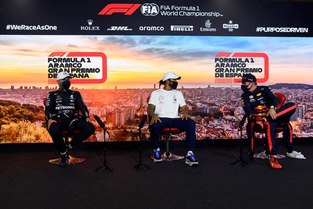 Motorsports: FIA Formula One World Championship, WM, Weltmeisterschaft 2020, Grand Prix of Spain Motorsports: FIA Formula One World Championship 2020, Grand Prix of Spain, 77 Valtteri Bottas (FIN, Mercedes-AMG Petronas Formula One Team), 44 Lewis Hamilton (GBR, Mercedes-AMG Petronas Formula One Team), 33 Max Verstappen (NLD, Aston Martin Red Bull Racing),