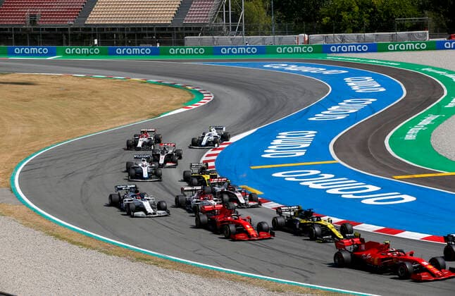 Motorsports: FIA Formula One World Championship, WM, Weltmeisterschaft 2020, Grand Prix of Spain, Start, 16 Charles Leclerc (MCO, Scuderia Ferrari Mission Winnow), 5 Sebastian Vettel (GER, Scuderia Ferrari Mission Winnow), 3 Daniel Ricciardo (AUS, Renault DP World F1 Team), 26 Daniil Kvyat (RUS, Scuderia AlphaTauri Honda), 7 Kimi Raikkonen (FIN, Alfa Romeo Racing ORLEN), 20 Kevin Magnussen (DEN, Haas F1 Team), Barcelona Spain