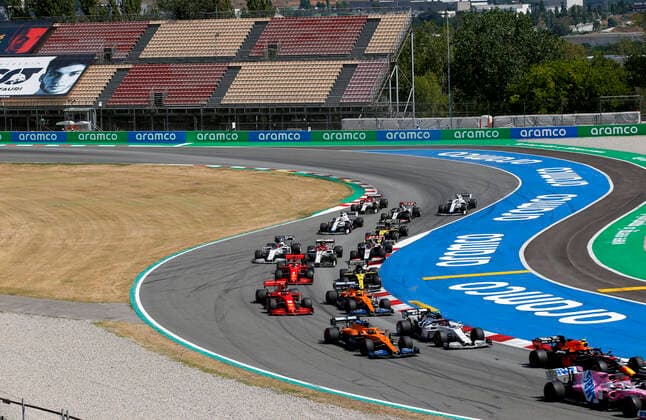 Motorsports: FIA Formula One World Championship, WM, Weltmeisterschaft 2020, Grand Prix of Spain, Start, 11 Sergio Perez (MEX, BWT Racing Point F1 Team), 23 Alexander Albon (THA, Aston Martin Red Bull Racing), 55 Carlos Sainz (ESP, McLaren F1 Team), 10 Pierre Gasly (FRA, Scuderia AlphaTauri Honda), 16 Charles Leclerc (MCO, Scuderia Ferrari Mission Winnow), 4 Lando Norris (GBR, McLaren F1 Team), 5 Sebastian Vettel (GER, Scuderia Ferrari Mission Winnow), 3 Daniel Ricciardo (AUS, Renault DP World F1 Team), Barcelona Spain