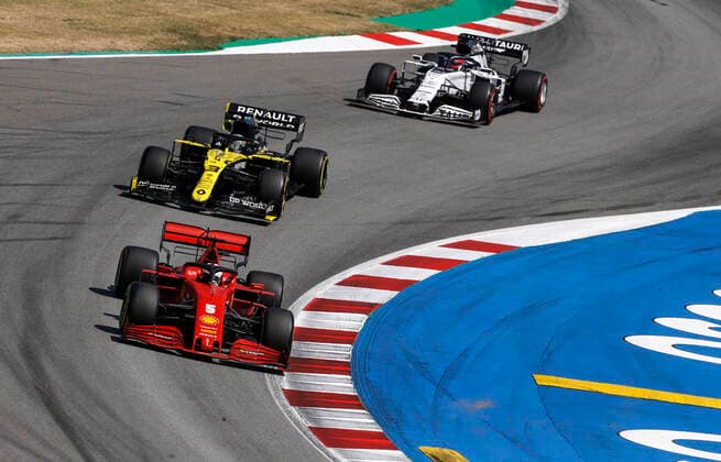 Motorsports: FIA Formula One World Championship, WM, Weltmeisterschaft 2020, Grand Prix of Spain, 5 Sebastian Vettel (GER, Scuderia Ferrari Mission Winnow), 3 Daniel Ricciardo (AUS, Renault DP World F1 Team), 26 Daniil Kvyat (RUS, Scuderia AlphaTauri Honda), Barcelona Spain