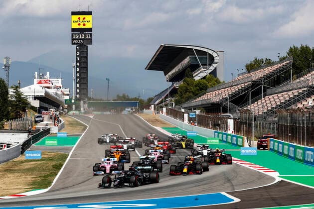 Motorsports: FIA Formula One World Championship, WM, Weltmeisterschaft 2020, Grand Prix of Spain, Start, 44 Lewis Hamilton (GBR, Mercedes-AMG Petronas Formula One Team), 33 Max Verstappen (NLD, Aston Martin Red Bull Racing), 4 Lando Norris (GBR, McLaren F1 Team), 77 Valtteri Bottas (FIN, Mercedes-AMG Petronas Formula One Team), 23 Alexander Albon (THA, Aston Martin Red Bull Racing), Barcelona Spain