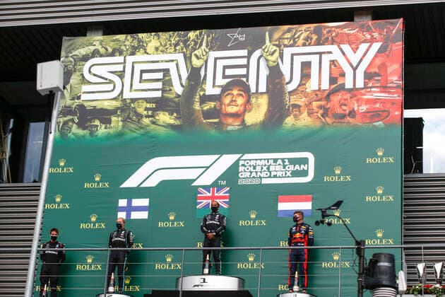 Motorsports: FIA Formula One World Championship, WM, Weltmeisterschaft 2020, Grand Prix of Belgium, 77 Valtteri Bottas (FIN, Mercedes-AMG Petronas Formula One Team), 44 Lewis Hamilton (GBR, Mercedes-AMG Petronas Formula One Team), 33 Max Verstappen (NLD, Aston Martin Red Bull Racing), Spa-Francorchamps Belgium