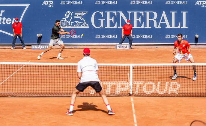 13.09.2020, Sportpark, Kitzbuehel, AUT, ATP, Tennis Herren Tour, Generali Open Kitzbuehel, Doppel Finale, im Bild v.l. Franko Skugor (CRO), Horacio Zeballos (ARG), Austin Krajicek (USA) f.l. Franko Skugor of Croatia Horacio Zeballos of Argentina and Austin Krajicek of USA during the Double final match for the Generali Open Tennis Tournament of the ATP Tour at the Sportpark in Kitzbuehel, Austria on 2020 09 13.