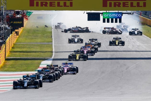 Motorsports: FIA Formula One World Championship, WM, Weltmeisterschaft 2020, Grand Prix of Tuscany, Crash at the restart between 99 Antonio Giovinazzi (ITA, Alfa Romeo Racing ORLEN), 20 Kevin Magnussen (DEN, Haas F1 Team), 6 Nicholas Latifi (CAN, Williams Racing), 55 Carlos Sainz (ESP, McLaren F1 Team), Scarperia Italy