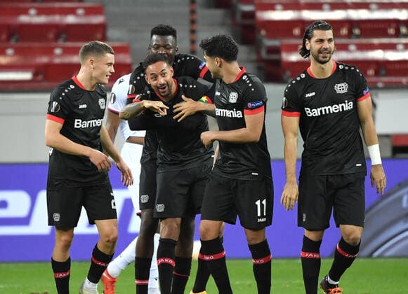 Jubel v.li., Florian Wirtz (Bayer 04 Leverkusen), Karim Bellarabi (Bayer 04 Leverkusen), Edmond Tapsoba (Bayer 04 Leverkusen), Nadiem Amiri (Bayer 04 Leverkusen), Aleksandar Dragovic (Bayer 04 Leverkusen) 22.10.2020, Fussball, UEFA Europa League, Saison 2020 2021, 1. Spieltag, Bayer 04 Leverkusen - OGC Nizza Foto: TEAM2sportphoto Leverkusen BayArena Nordrhein Westfalen Deutschland