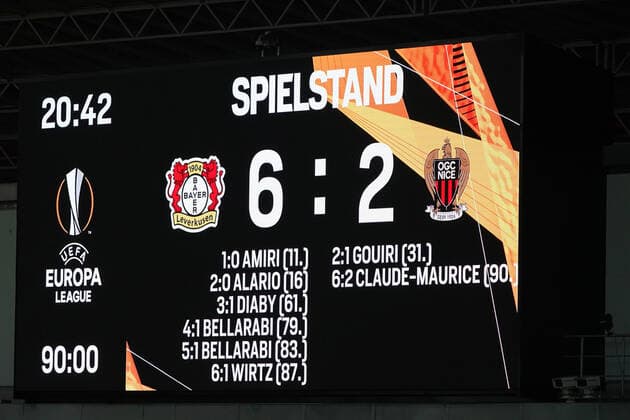 Fussball , Europa League, Saison 2020 2021, Corona Zeit, Covid-19, Bayer 04 Leverkusen vs OGC Nizza , Gruppenphase, Gruppe C, 22.10.2020, Bayarena Leverkusen , 6:2. Ergebnis, Spielstand, Endstand, ,
