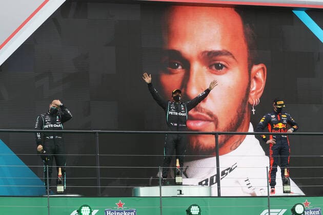 Motorsports: FIA Formula One World Championship, WM, Weltmeisterschaft 2020, Grand Prix of Portugal, 44 Lewis Hamilton (GBR, Mercedes-AMG Petronas Formula One Team), 77 Valtteri Bottas (FIN, Mercedes-AMG Petronas Formula One Team), 33 Max Verstappen (NLD, Aston Martin Red Bull Racing), Portimao Portugal