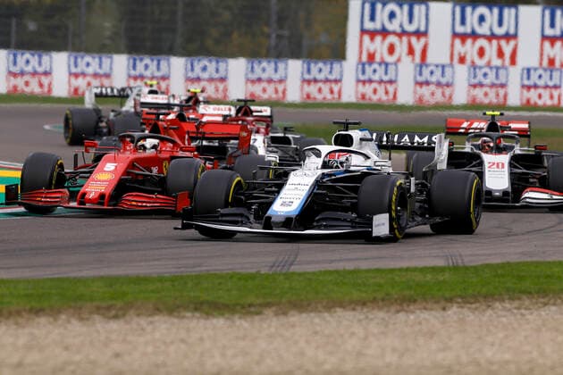 Motorsports: FIA Formula One World Championship, WM, Weltmeisterschaft 2020, Grand Prix of Emilia Romagna, 63 George Russell (GBR, Williams Racing), 5 Sebastian Vettel (GER, Scuderia Ferrari Mission Winnow), 20 Kevin Magnussen (DEN, Haas F1 Team), Imola Italy