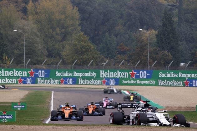 Formula 1 Emirates Gran Premio Dell emilia Romagna 2020 01.11.2020, Autodromo Enzo e Dino Ferrari, Imola, Formula 1 Emirates Gran Premio Dell emilia Romagna 2020 , im Bild Daniil Kvyat (RUS 26), Scuderia AlphaTauri Honda, Lando Norris (GBR 4), McLaren F1 Team, Carlos Sainz Jr. (SPA 55), McLaren F1 Team, Sergio Perez (MEX 11), BWT Racing Point F1 Team