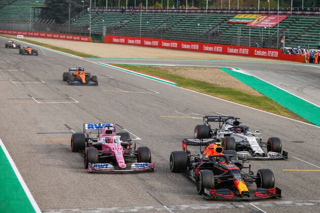 Motorsports: FIA Formula One World Championship, WM, Weltmeisterschaft 2020, Grand Prix of Emilia Romagna, 23 Alexander Albon (THA, Aston Martin Red Bull Racing), 11 Sergio Perez (MEX, BWT Racing Point F1 Team), 26 Daniil Kvyat (RUS, Scuderia AlphaTauri Honda), Imola Italy