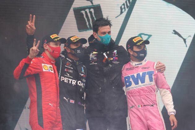 Motorsports: FIA Formula One World Championship, WM, Weltmeisterschaft 2020, Grand Prix of Turkey, 5 Sebastian Vettel (GER, Scuderia Ferrari Mission Winnow), 44 Lewis Hamilton (GBR, Mercedes-AMG Petronas Formula One Team), Toto Wolff (AUT, Mercedes AMG Petronas Motorsport), 11 Sergio Perez (MEX, BWT Racing Point F1 Team), Istanbul Turkey