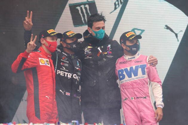 Motorsports: FIA Formula One World Championship, WM, Weltmeisterschaft 2020, Grand Prix of Turkey, 5 Sebastian Vettel (GER, Scuderia Ferrari Mission Winnow), 44 Lewis Hamilton (GBR, Mercedes-AMG Petronas Formula One Team), Toto Wolff (AUT, Mercedes AMG Petronas Motorsport), 11 Sergio Perez (MEX, BWT Racing Point F1 Team), Istanbul Turkey