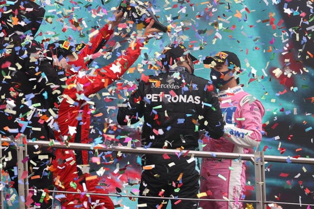 Motorsports: FIA Formula One World Championship, WM, Weltmeisterschaft 2020, Grand Prix of Turkey, Toto Wolff (AUT, Mercedes AMG Petronas Motorsport), 5 Sebastian Vettel (GER, Scuderia Ferrari Mission Winnow), 44 Lewis Hamilton (GBR, Mercedes-AMG Petronas Formula One Team), 11 Sergio Perez (MEX, BWT Racing Point F1 Team), Istanbul Turkey