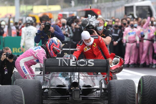 Motorsports: FIA Formula One World Championship, WM, Weltmeisterschaft 2020, Grand Prix of Turkey, 11 Sergio Perez (MEX, BWT Racing Point F1 Team), 44 Lewis Hamilton (GBR, Mercedes-AMG Petronas Formula One Team), 5 Sebastian Vettel (GER, Scuderia Ferrari Mission Winnow), Istanbul Turkey