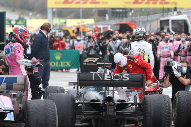 Motorsports: FIA Formula One World Championship, WM, Weltmeisterschaft 2020, Grand Prix of Turkey, 11 Sergio Perez (MEX, BWT Racing Point F1 Team), 44 Lewis Hamilton (GBR, Mercedes-AMG Petronas Formula One Team), 5 Sebastian Vettel (GER, Scuderia Ferrari Mission Winnow), Istanbul Turkey