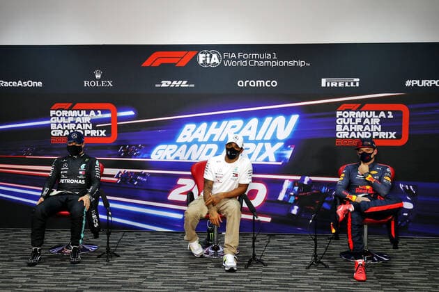 Motorsports: FIA Formula One World Championship, WM, Weltmeisterschaft 2020, Grand Prix of Bahrain Motorsports: FIA Formula One World Championship 2020, Grand Prix of Bahrain, 77 Valtteri Bottas (FIN, Mercedes-AMG Petronas Formula One Team), 44 Lewis Hamilton (GBR, Mercedes-AMG Petronas Formula One Team), 33 Max Verstappen (NLD, Aston Martin Red Bull Racing),