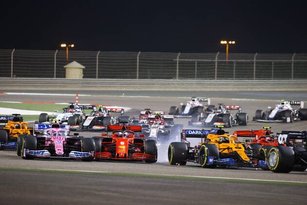Motorsports: FIA Formula One World Championship, WM, Weltmeisterschaft 2020, Grand Prix of Bahrain, Start, 18 Lance Stroll (CAN, BWT Racing Point F1 Team), 5 Sebastian Vettel (GER, Scuderia Ferrari Mission Winnow), 4 Lando Norris (GBR, McLaren F1 Team), 16 Charles Leclerc (MCO, Scuderia Ferrari Mission Winnow), Sakhir Bahrain