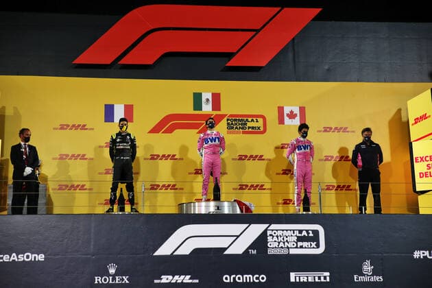 Motorsports: FIA Formula One World Championship, WM, Weltmeisterschaft 2020, Grand Prix of Sakhir Motorsports: FIA Formula One World Championship 2020, Grand Prix of Sakhir, 31 Esteban Ocon (FRA, Renault DP World F1 Team), 11 Sergio Perez (MEX, BWT Racing Point F1 Team), 18 Lance Stroll (CAN, BWT Racing Point F1 Team),