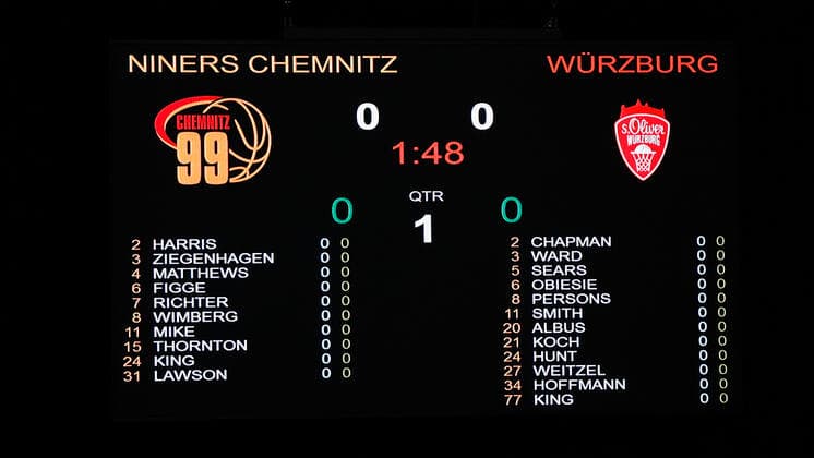 Deutschland, Chemnitz, Messe Chemnitz, 12.12.2020, emspor, emonline, despor, deonline, NINERS Chemnitz vs. s.Oliver Wuerzburg, Basketball, BBL Bild: v. li. Anzeigetafel DFL REGULATIONS PROHIBIT ANY USE OF PHOTOGRAPHS AS IMAGE SEQUENCES AND OR QUASI-VIDEO. Copyright: HMBxMedia xHeikoxBecker
