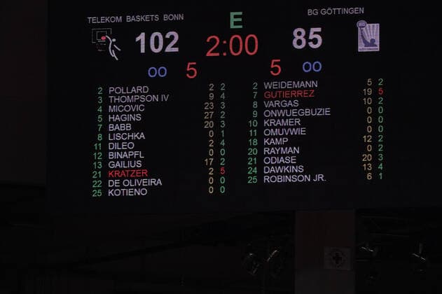 GER, easyCredit BBL, Herren, Telekom Baskets Bonn vs. BG Goettingen 27.12.2020, Telekom Dome, Bonn, GER, easyCredit BBL, Herren, Telekom Baskets Bonn vs. BG Goettingen, im Bild picture shows: Endstand 102 : 85