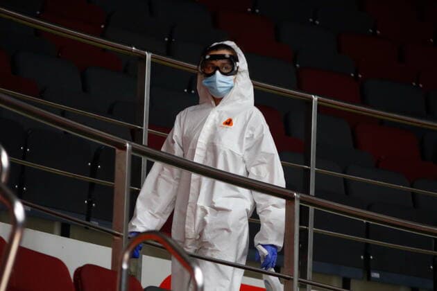 Of The Russian Federation. Saint-Petersburg. Sibur Arena. Basketball. The Regular Season. Euroleague 2020 2021, BC Zenit - BC Zalgiris. The coronavirus. Medical workers, protection suit, infection, pandemic, disease, covid 19, coronavirus, coronavirus infection, protection, medical, mask, gloves, chemical protection, treatment, protection, treat, infection, disinfection. MaksimxKonstantinov