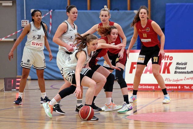 13.02.2021, xovx, Basketball Damen, DBBL, 2. Bundesliga Nord, Bender Baskets Grünberg - RheinLand Lions v.l. Deijah Blanks (Bender Baskets Gruenberg), Isabell Meinhart (Bender Baskets Gruenberg), Lynn Villwock (Bender Baskets Gruenberg), Birte Thimm (Rheinland Lions), Andela Katavic (Rheinland Lions), Rowena Jongeling (Rheinland Lions) Grünberg Sporthalle Theo-Koch-Schule Hessen Deutschland (DE)