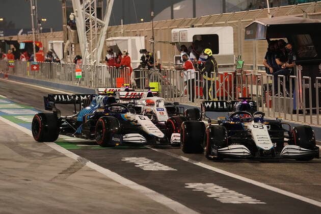 Formula 1 Gulf Air Bahrain Grand Prix 2021 27.03.2021, Bahrain International Circuit, Sakhir, Formula 1 Gulf Air Bahrain Grand Prix 2021 ,im Bild George Russel (GBR 63), Williams Racing, Nicholas Latifi (CAN 6), Williams Racing, Nikita Mazepin (RUS 9), Haas F1 Team, Mick Schumacher (DEU 47), Haas F1 Team