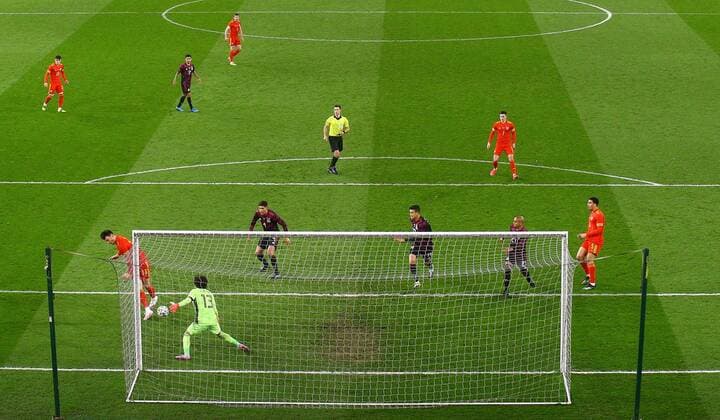 Mandatory Credit: Photo by Kieran McManus BPI Shutterstock (11832375v) Kieffer Moore of Wales scores a goal to make the score 1-0 Wales v Mexico, International Friendly, Länderspiel, Nationalmannschaft Football, The Cardiff City Stadium, Cardiff, UK - 27 Mar 2021 EDITORIAL USE ONLY No use with unauthorised audio, video, data, fixture lists, club league logos or live services. Online in-match use limited to 120 images, no video emulation. No use in betting, games or single club league player publications. Wales v Mexico, International Friendly, Football, The Cardiff City Stadium, Cardiff, UK - 27 Mar 2021 EDITORIAL USE ONLY No use with unauthorised audio, video, data, fixture lists, club league logos or live services. Online in-match use limited to 120 images, no video emulation. No use in betting, games or single club league player publications. Copyright: xKieranxMcManus BPI Shutterstockx 11832375v