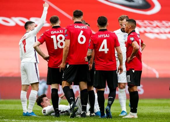 Mandatory Credit: Photo by Nikola Krstic BPI Shutterstock (11832717ce) Mason Mount of England lays injured Albania v England, FIFA World Cup, WM, Weltmeisterschaft, Fussball Qualifying Group I, Football, Arena Kombetare, Tirana, Albania - 28 Mar 2021 Albania v England, FIFA World Cup Qualifying Group I, Football, Arena Kombetare, Tirana, Albania - 28 Mar 2021 Copyright: xNikolaxKrstic BPI Shutterstockx 11832717ce