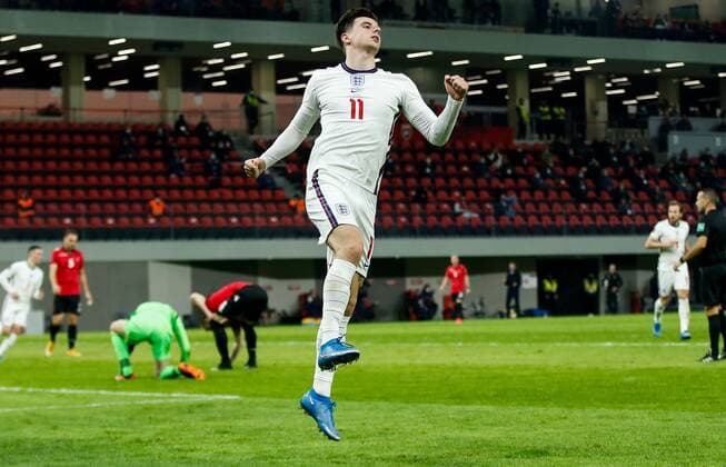 Mandatory Credit: Photo by Nikola Krstic BPI Shutterstock (11832717dd) Mason Mount of England scores and celebrates 0-1 Albania v England, FIFA World Cup, WM, Weltmeisterschaft, Fussball Qualifying Group I, Football, Arena Kombetare, Tirana, Albania - 28 Mar 2021 Albania v England, FIFA World Cup Qualifying Group I, Football, Arena Kombetare, Tirana, Albania - 28 Mar 2021 Copyright: xNikolaxKrstic BPI Shutterstockx 11832717dd