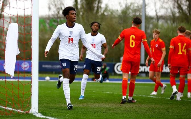 Mandatory Credit: Photo by Kieran McManus BPI Shutterstock (11836061dh) Carney Chukwuemeka of England Under 18s celebrates scoring a goal to make the score 0-2 Wales U18 v England U18, International Friendly, Länderspiel, Nationalmannschaft Football, The Leckwith Stadium, Cardiff, UK - 29 Mar 2021 EDITORIAL USE ONLY No use with unauthorised audio, video, data, fixture lists, club league logos or live services. Online in-match use limited to 120 images, no video emulation. No use in betting, games or single club league player publications. Wales U18 v England U18, International Friendly, Football, The Leckwith Stadium, Cardiff, UK - 29 Mar 2021 EDITORIAL USE ONLY No use with unauthorised audio, video, data, fixture lists, club league logos or live services. Online in-match use limited to 120 images, no video emulation. No use in betting, games or single club league player publications. Copyright: xKieranxMcManus BPI Shutterstockx 11836061dh