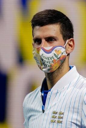 Mandatory Credit: Photo by Dave Shopland BPI Shutterstock (11013812by) Novak Djokovic of Serbia wears a mask during his post-match interview after winning his group stage match Nitto ATP, Tennis Herren Finals 2020, Day Two, Tennis, The 02 Arena, London, UK - 16 Nov 2020 EDITORIAL USE ONLY No use with unauthorised audio, video, data, fixture lists, club league logos or live services. Online in-match use limited to 120 images, no video emulation. No use in betting, games or single club league player publications. Nitto ATP Finals 2020, Day Two, Tennis, The 02 Arena, London, UK - 16 Nov 2020 EDITORIAL USE ONLY No use with unauthorised audio, video, data, fixture lists, club league logos or live services. Online in-match use limited to 120 images, no video emulation. No use in betting, games or single club league player publications. Copyright: xDavexShopland BPI Shutterstockx 11013812by
