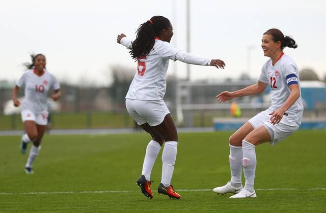 Mandatory Credit: Photo by Kieran McManus BPI Shutterstock (11850238j) Deanne Rose of Canada celebrates scoring a goal to make the score 0-1 with Christine Sinclair of Canada Wales Women v Canada Women, International Friendly, Länderspiel, Nationalmannschaft Football, The Leckwith Athletics Stadium, Cardiff, UK - 9 Apr 2021 EDITORIAL USE ONLY No use with unauthorised audio, video, data, fixture lists, club league logos or live services. Online in-match use limited to 120 images, no video emulation. No use in betting, games or single club league player publications. Wales Women v Canada Women, International Friendly, Football, The Leckwith Athletics Stadium, Cardiff, UK - 9 Apr 2021 EDITORIAL USE ONLY No use with unauthorised audio, video, data, fixture lists, club league logos or live services. Online in-match use limited to 120 images, no video emulation. No use in betting, games or single club league player publications. Copyright: xKieranxMcManus BPI Shutterstockx 11850238j