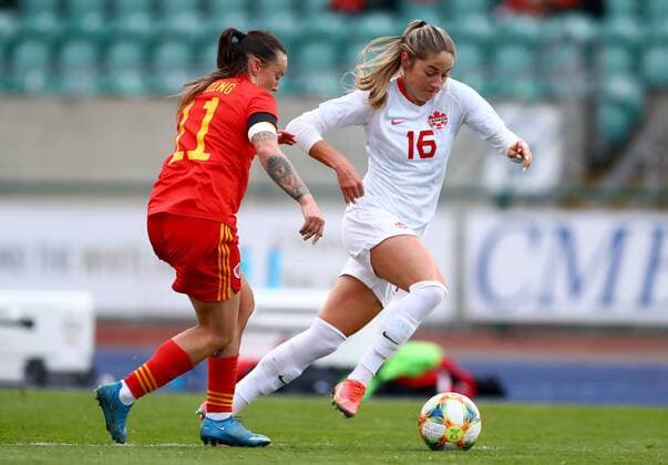 Mandatory Credit: Photo by Kieran McManus BPI Shutterstock (11850238y) Janine Beckie of Canada goes past Natasha Harding of Wales Wales Women v Canada Women, International Friendly, Länderspiel, Nationalmannschaft Football, The Leckwith Athletics Stadium, Cardiff, UK - 9 Apr 2021 EDITORIAL USE ONLY No use with unauthorised audio, video, data, fixture lists, club league logos or live services. Online in-match use limited to 120 images, no video emulation. No use in betting, games or single club league player publications. Wales Women v Canada Women, International Friendly, Football, The Leckwith Athletics Stadium, Cardiff, UK - 9 Apr 2021 EDITORIAL USE ONLY No use with unauthorised audio, video, data, fixture lists, club league logos or live services. Online in-match use limited to 120 images, no video emulation. No use in betting, games or single club league player publications. Copyright: xKieranxMcManus BPI Shutterstockx 11850238y