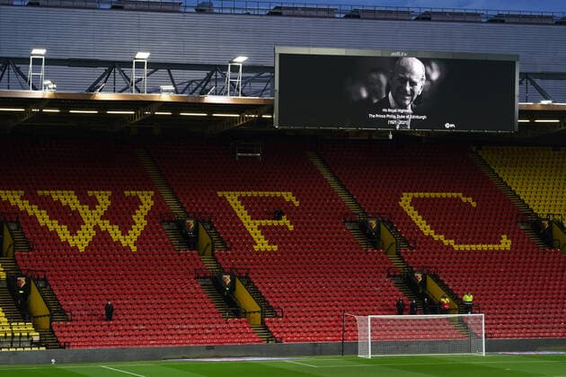 Mandatory Credit: Photo by Jed Leicester BPI Shutterstock (11850242i) A two minutes silence in remembrance of HRH Prince Phillip, Duke of Edinburgh, who died this morning aged 99 Watford v Reading, EFL Sky Bet Championship, Football, Vicarage Road, Watford, UK - 9 Apr 2021 EDITORIAL USE ONLY No use with unauthorised audio, video, data, fixture lists, club league logos or live services. Online in-match use limited to 120 images, no video emulation. No use in betting, games or single club league player publications. Watford v Reading, EFL Sky Bet Championship, Football, Vicarage Road, Watford, UK - 9 Apr 2021 EDITORIAL USE ONLY No use with unauthorised audio, video, data, fixture lists, club league logos or live services. Online in-match use limited to 120 images, no video emulation. No use in betting, games or single club league player publications. Copyright: xJedxLeicester BPI Shutterstockx 11850242i
