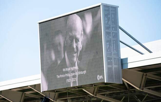 Mandatory Credit: Photo by Ian Tuttle BPI Shutterstock (11861283m) An minute of silence is observed in remembrance of Prince Philip, Duke of Edinburgh who images is displayed Brentford v Millwall, EFL Sky Bet Championship, Football, The Brentford Community Stadium, London, UK - 17 Apr 2021 EDITORIAL USE ONLY No use with unauthorised audio, video, data, fixture lists, club league logos or live services. Online in-match use limited to 120 images, no video emulation. No use in betting, games or single club league player publications. Brentford v Millwall, EFL Sky Bet Championship, Football, The Brentford Community Stadium, London, UK - 17 Apr 2021 EDITORIAL USE ONLY No use with unauthorised audio, video, data, fixture lists, club league logos or live services. Online in-match use limited to 120 images, no video emulation. No use in betting, games or single club league player publications. Copyright: xIanxTuttle BPI Shutterstockx 11861283m