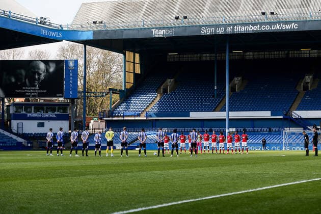 Mandatory Credit: Photo by Rogan JMP Shutterstock (11862622ap) Bristol City and Sheffield Wednesday pause for a minutes silence in memory of HRH The Prince Phillip, Duke of Edinburgh Sheffield Wednesday v Bristol City, UK - 17 Apr 2021 EDITORIAL USE ONLY No use with unauthorised audio, video, data, fixture lists (outside the EU), club league logos or live services. Online in-match use limited to 45 images (+15 in extra time). No use to emulate moving images. No use in betting, games or single club league player publications services. Sheffield Wednesday v Bristol City, UK - 17 Apr 2021 EDITORIAL USE ONLY No use with unauthorised audio, video, data, fixture lists (outside the EU), club league logos or live services. Online in-match use limited to 45 images (+15 in extra time). No use to emulate moving images. No use in betting, games or Copyright: xRogan JMP Shutterstockx 11862622ap