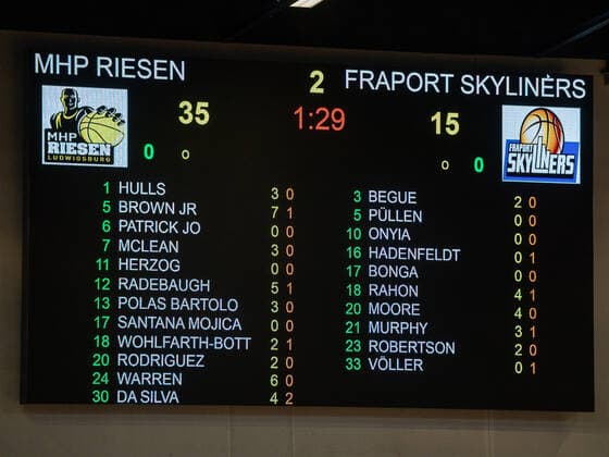Anzeigetafel ertes Viertel, MHP Riesen Ludwigsburg vs. FRAPORT SKYLINERS, Basketball, Bundesliga, easycredit BBL, 27.04.2021, MHP Riesen Ludwigsburg vs. FRAPORT SKYLINERS, Basketball, Bundesliga, easycredit BBL, 27.04.2021 Ludwigsburg Copyright: xEibner-Pressefoto SaschaxWaltherx EP_swa