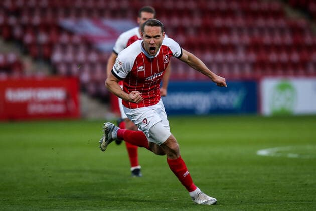 Mandatory Credit: Photo by Robbie Stephenson JMP Shutterstock (11878432a) Chris Hussey of Cheltenham Town celebrates scoring a goal to make it 1-1 Cheltenham Town v Carlisle United, UK - 27 Apr 2021 EDITORIAL USE ONLY No use with unauthorised audio, video, data, fixture lists (outside the EU), club league logos or live services. Online in-match use limited to 45 images (+15 in extra time). No use to emulate moving images. No use in betting, games or single club league player publications services. Cheltenham Town v Carlisle United, UK - 27 Apr 2021 EDITORIAL USE ONLY No use with unauthorised audio, video, data, fixture lists (outside the EU), club league logos or live services. Online in-match use limited to 45 images (+15 in extra time). No use to emulate moving images. No use in betting, games or Copyright: xRobbiexStephenson JMP Shutterstockx 11878432a
