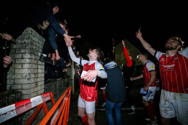 Mandatory Credit: Photo by Robbie Stephenson JMP Shutterstock (11878432cm) Cheltenham Town celebrate promotion out of Sky Bet League Two into Sky Bet League One with fans Cheltenham Town v Carlisle United, UK - 27 Apr 2021 EDITORIAL USE ONLY No use with unauthorised audio, video, data, fixture lists (outside the EU), club league logos or live services. Online in-match use limited to 45 images (+15 in extra time). No use to emulate moving images. No use in betting, games or single club league player publications services. Cheltenham Town v Carlisle United, UK - 27 Apr 2021 EDITORIAL USE ONLY No use with unauthorised audio, video, data, fixture lists (outside the EU), club league logos or live services. Online in-match use limited to 45 images (+15 in extra time). No use to emulate moving images. No use in betting, games or Copyright: xRobbiexStephenson JMP Shutterstockx 11878432cm