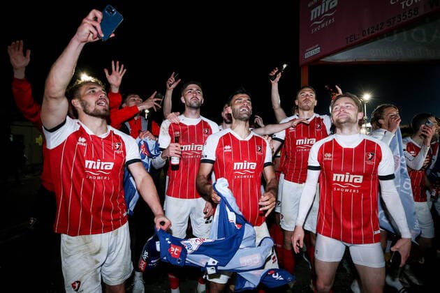 Mandatory Credit: Photo by Robbie Stephenson JMP Shutterstock (11878432dl) Cheltenham Town celebrate promotion out of Sky Bet League Two into Sky Bet League One with fans Cheltenham Town v Carlisle United, UK - 27 Apr 2021 EDITORIAL USE ONLY No use with unauthorised audio, video, data, fixture lists (outside the EU), club league logos or live services. Online in-match use limited to 45 images (+15 in extra time). No use to emulate moving images. No use in betting, games or single club league player publications services. Cheltenham Town v Carlisle United, UK - 27 Apr 2021 EDITORIAL USE ONLY No use with unauthorised audio, video, data, fixture lists (outside the EU), club league logos or live services. Online in-match use limited to 45 images (+15 in extra time). No use to emulate moving images. No use in betting, games or Copyright: xRobbiexStephenson JMP Shutterstockx 11878432dl