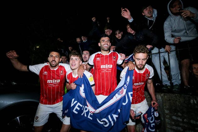 Mandatory Credit: Photo by Robbie Stephenson JMP Shutterstock (11878432dy) Cheltenham Town celebrate promotion out of Sky Bet League Two into Sky Bet League One with fans Cheltenham Town v Carlisle United, UK - 27 Apr 2021 EDITORIAL USE ONLY No use with unauthorised audio, video, data, fixture lists (outside the EU), club league logos or live services. Online in-match use limited to 45 images (+15 in extra time). No use to emulate moving images. No use in betting, games or single club league player publications services. Cheltenham Town v Carlisle United, UK - 27 Apr 2021 EDITORIAL USE ONLY No use with unauthorised audio, video, data, fixture lists (outside the EU), club league logos or live services. Online in-match use limited to 45 images (+15 in extra time). No use to emulate moving images. No use in betting, games or Copyright: xRobbiexStephenson JMP Shutterstockx 11878432dy